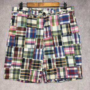 JC Penny Mens Madras Plaid‎ Quilt Patch Work Shorts size 34 Flat Front Pockets